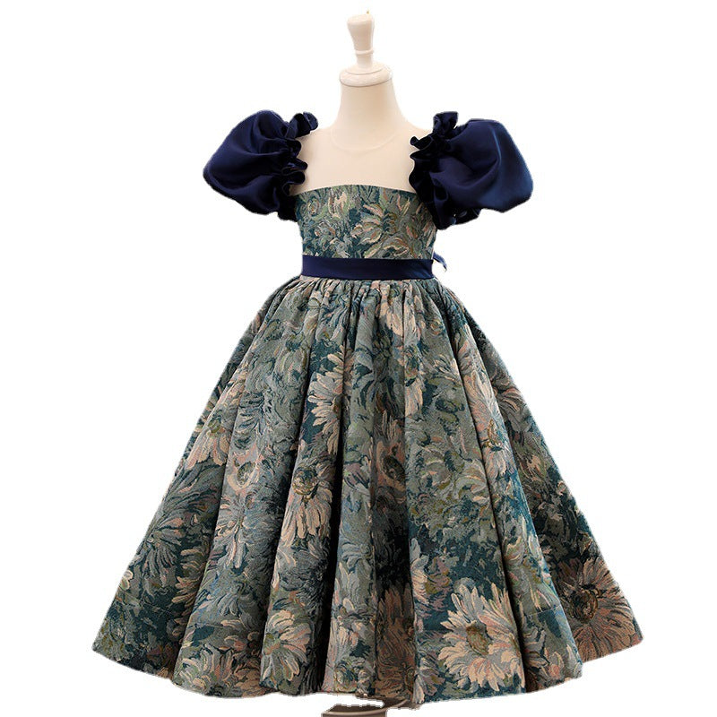 Toddler First Communion Dress Girl Summer Flower Printing Formal Party Princess Dress