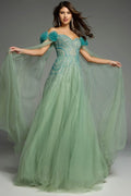 Off-Shoulder Crystal Beaded Floral Applique Capelet  Tulle Ball Gown Prom Dresses