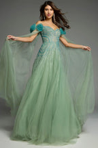 Off-Shoulder Crystal Beaded Floral Applique Capelet  Tulle Ball Gown Prom Dresses