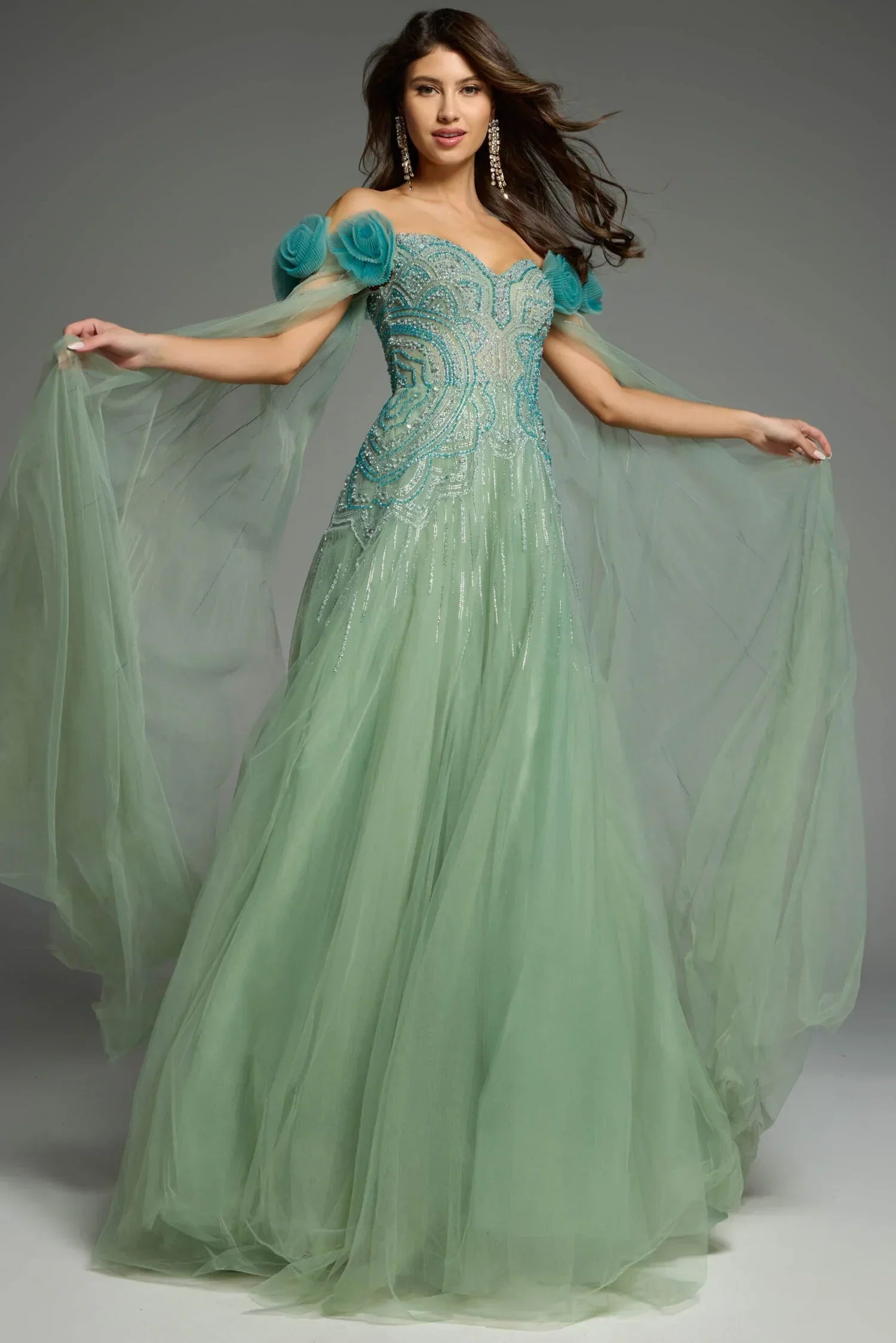 Off-Shoulder Crystal Beaded Floral Applique Capelet  Tulle Ball Gown Prom Dresses