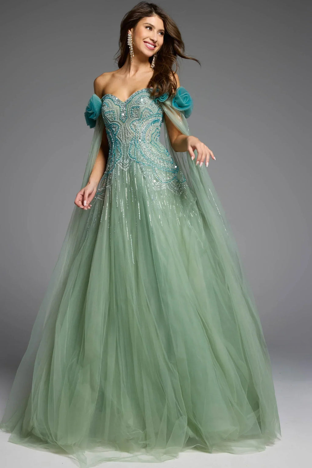 Off-Shoulder Crystal Beaded Floral Applique Capelet  Tulle Ball Gown Prom Dresses