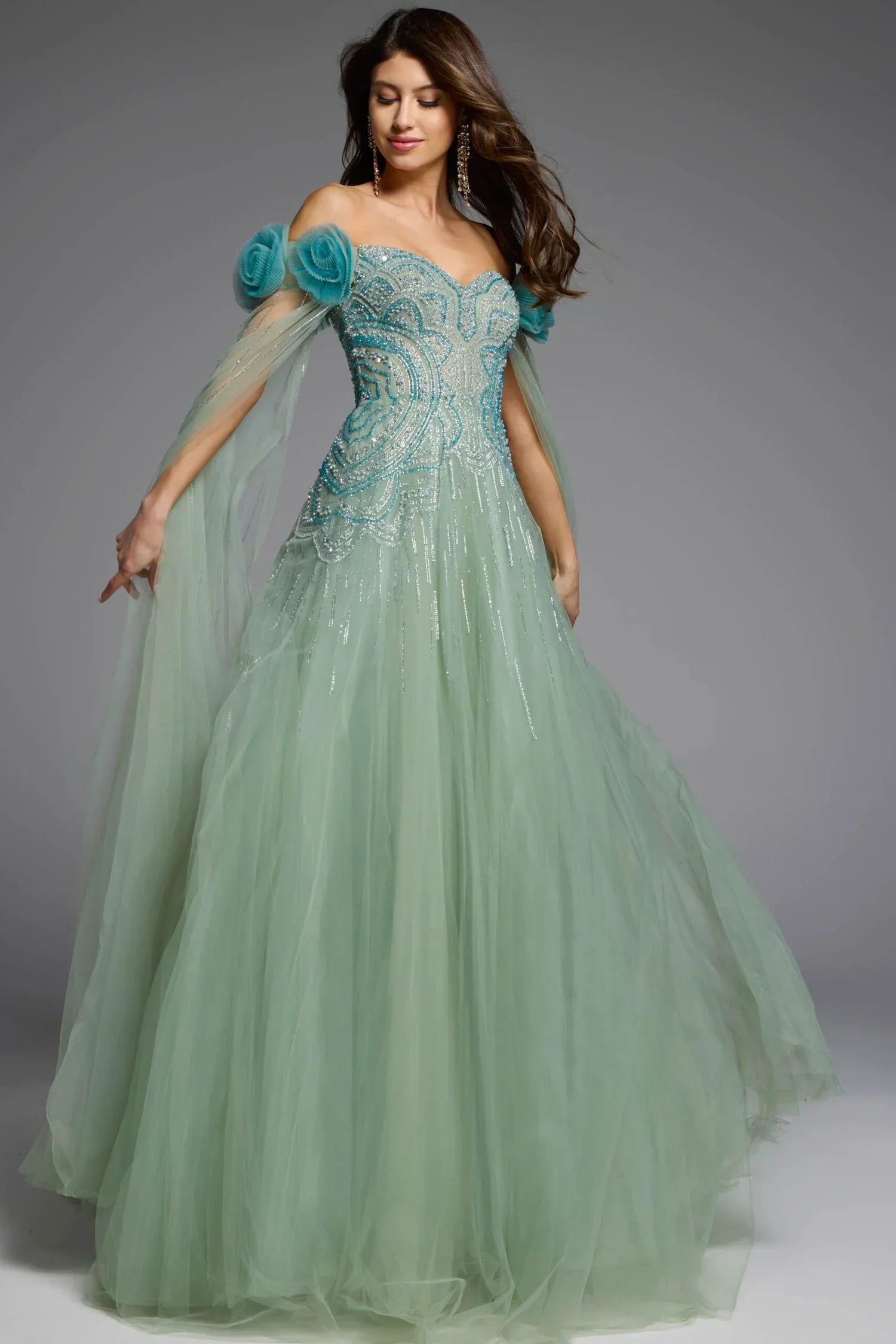 Off-Shoulder Crystal Beaded Floral Applique Capelet  Tulle Ball Gown Prom Dresses