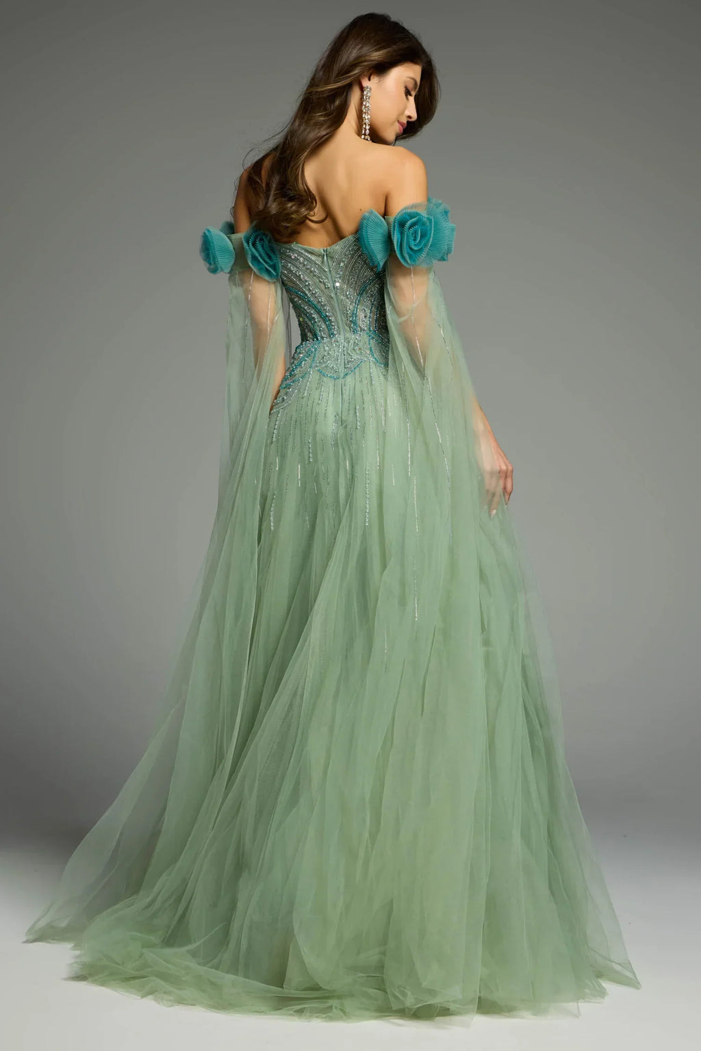 Off-Shoulder Crystal Beaded Floral Applique Capelet  Tulle Ball Gown Prom Dresses