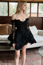 Off-Shoulder Long Sleeve Homecoming Dress With Beading