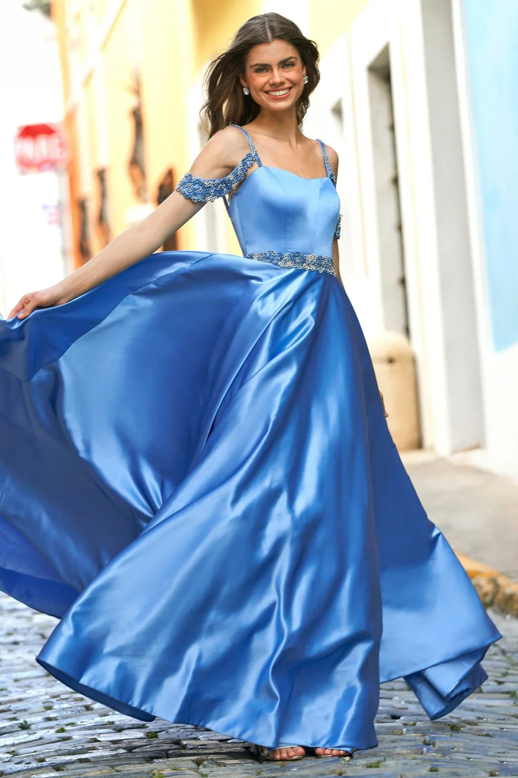 Off-Shoulder Spaghetti Strap Crystal Beaded Ball Gown Satin Prom Dresses