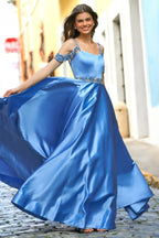 Off-Shoulder Spaghetti Strap Crystal Beaded Ball Gown Satin Prom Dresses