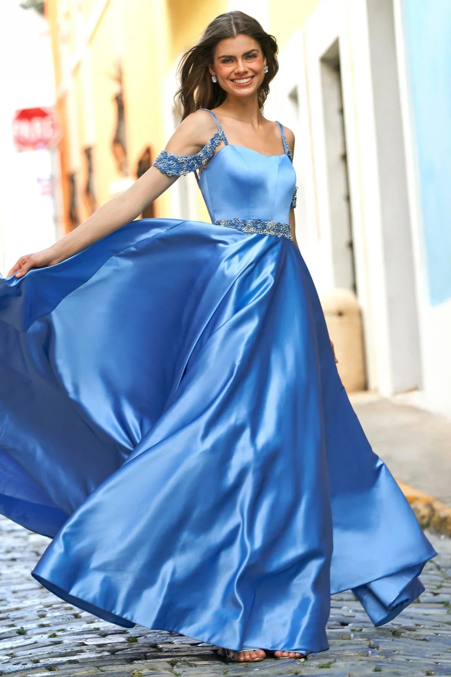 Off-Shoulder Spaghetti Strap Crystal Beaded Ball Gown Satin Prom Dresses