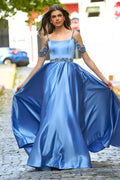 Off-Shoulder Spaghetti Strap Crystal Beaded Ball Gown Satin Prom Dresses
