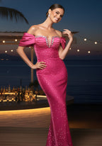 Off Shoulder Fuchsia Sequin Evening Dresses with Rhinestone Bust Detail and Floor-Length Skirt