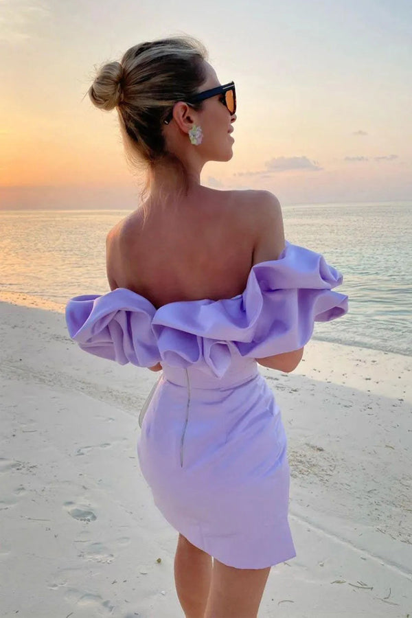 Off Shoulder Sleeveless Satin Homecoming Dress With Ruffles