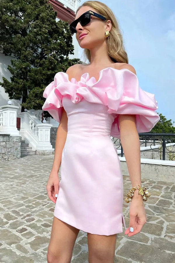 Off Shoulder Sleeveless Satin Homecoming Dress With Ruffles