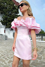 Off Shoulder Sleeveless Satin Homecoming Dress With Ruffles