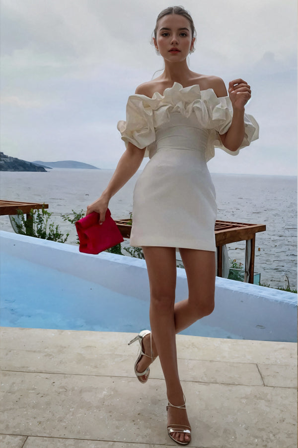 Off Shoulder Sleeveless Satin Homecoming Dress With Ruffles