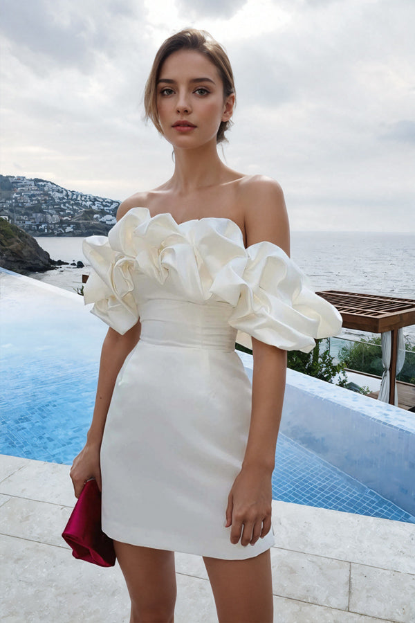 Off Shoulder Sleeveless Satin Homecoming Dress With Ruffles
