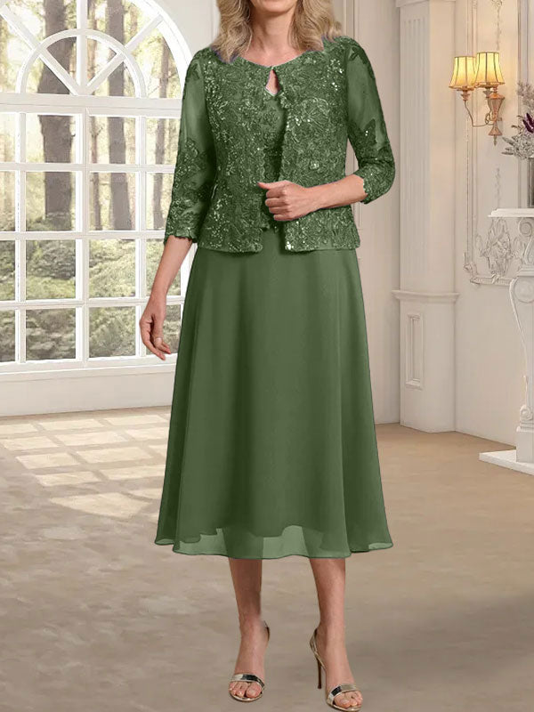 A-line Scoop Tea-Length Lace Chiffon Mother of the Bride Dress With Sequins