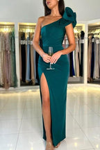 One Shoulder Dark Green Flowers Split Front Prom Dress