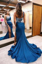 One shoulder Ocean blue Silver beaded Prom Dress