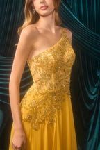 One Shoulder Lace Appliqué Cape High Slit Mustard Yellow Chiffon A Line Cathedral Train Prom Dresses