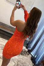 One Shoulder Tight Short Prom Dress Orange Homecoming Dress