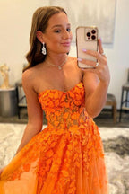Orange Tulle Lace Long Prom Dress Orange Tulle Evening Dress
