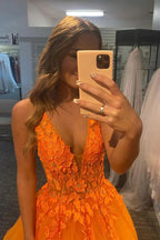 Tulle V-neck Prom Dresses With Lace Appliques, Long Formal Dress