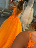 Tulle V-neck Prom Dresses With Lace Appliques, Long Formal Dress