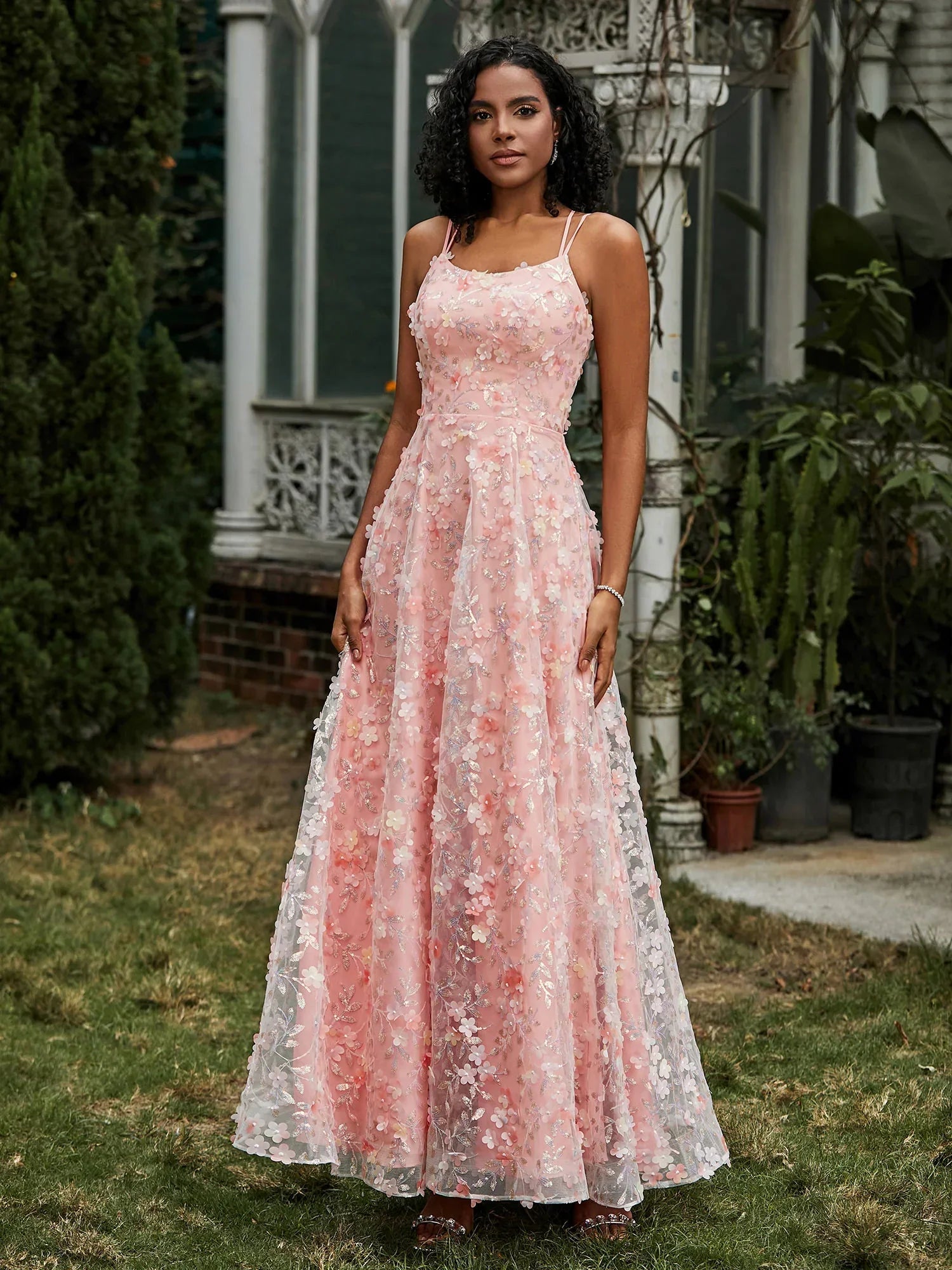 Blush Tulle Maxi Prom Dresses with Spaghetti Strap 3D Floral Applique Lace-Up Back A Line Skirt for Prom and Garden Wedding