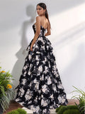 Printing Bodice Strapless A-line Tiered Prom Dress Long with Slit