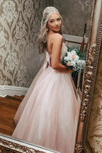 Bow Back A-line Empire-Waist Sleeveless Tulle Long Prom Dress