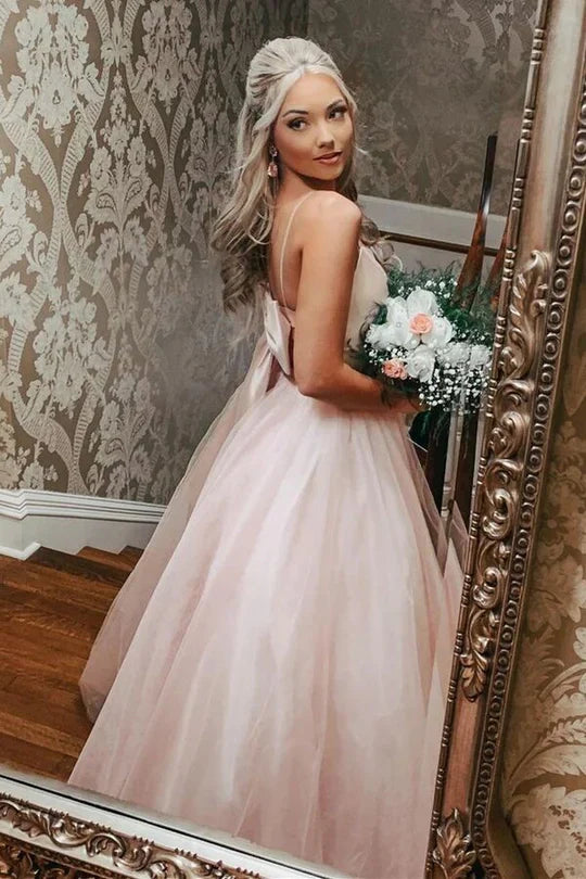 Bow Back A-line Empire-Waist Sleeveless Tulle Long Prom Dress