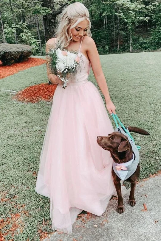 Bow Back A-line Empire-Waist Sleeveless Tulle Long Prom Dress