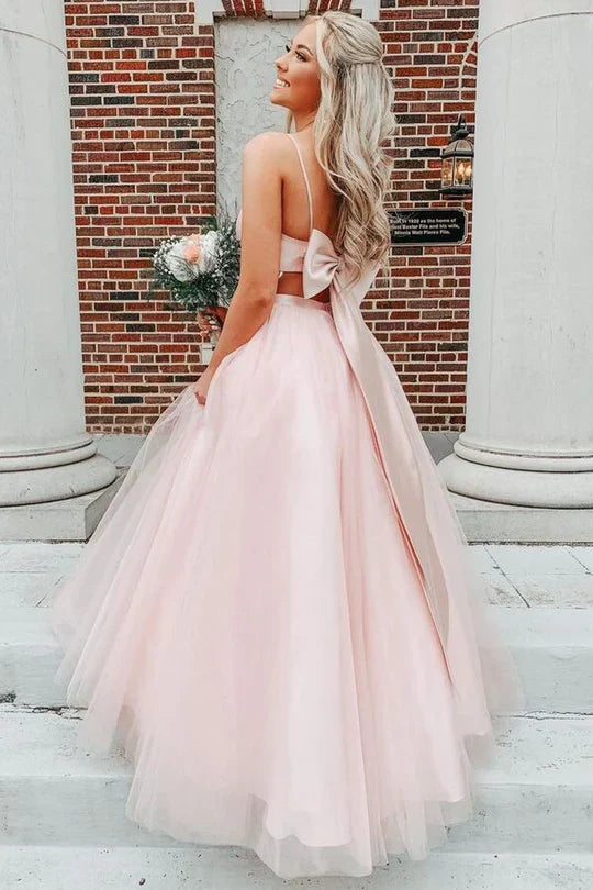 Bow Back A-line Empire-Waist Sleeveless Tulle Long Prom Dress