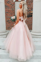 Bow Back A-line Empire-Waist Sleeveless Tulle Long Prom Dress
