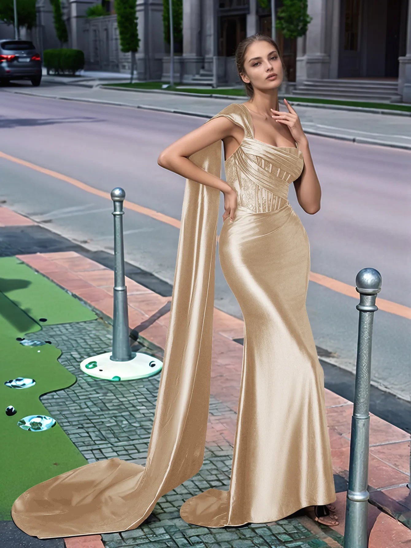 One Shoulder Lace Long Prom Dress With Drop Train