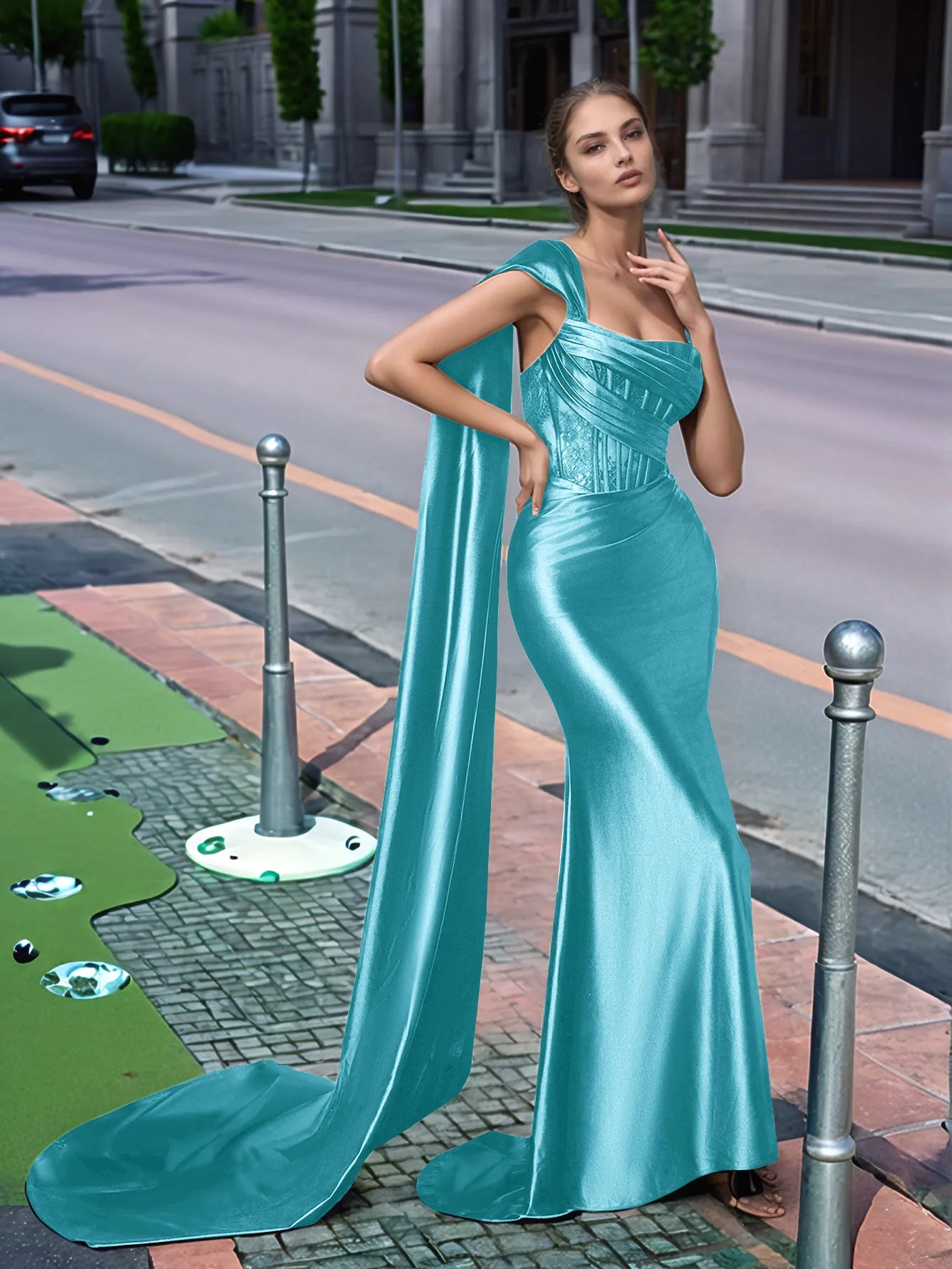 One Shoulder Lace Long Prom Dress With Drop Train