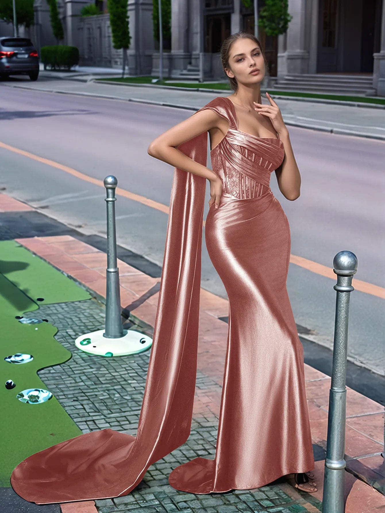 One Shoulder Lace Long Prom Dress With Drop Train