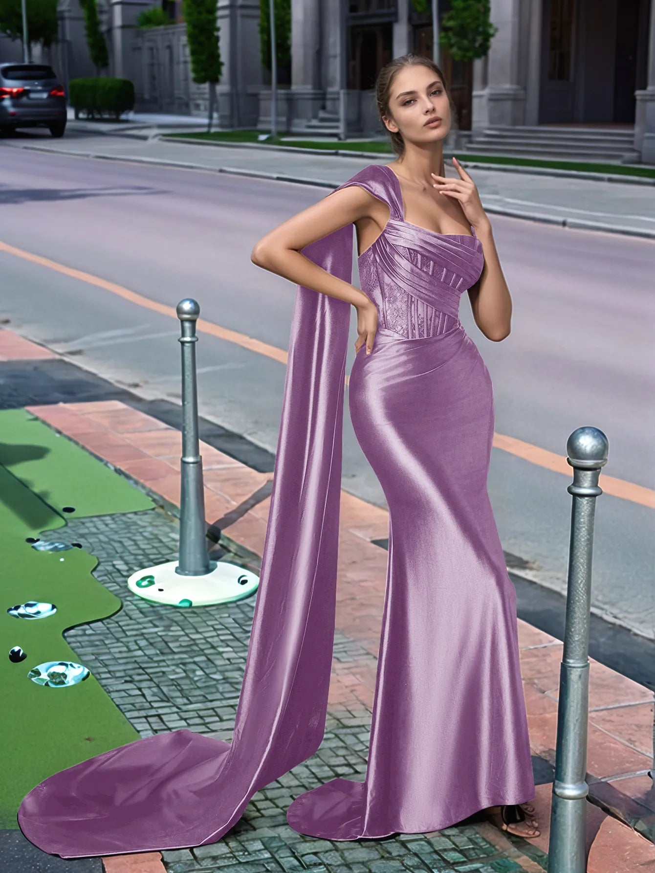 One Shoulder Lace Long Prom Dress With Drop Train