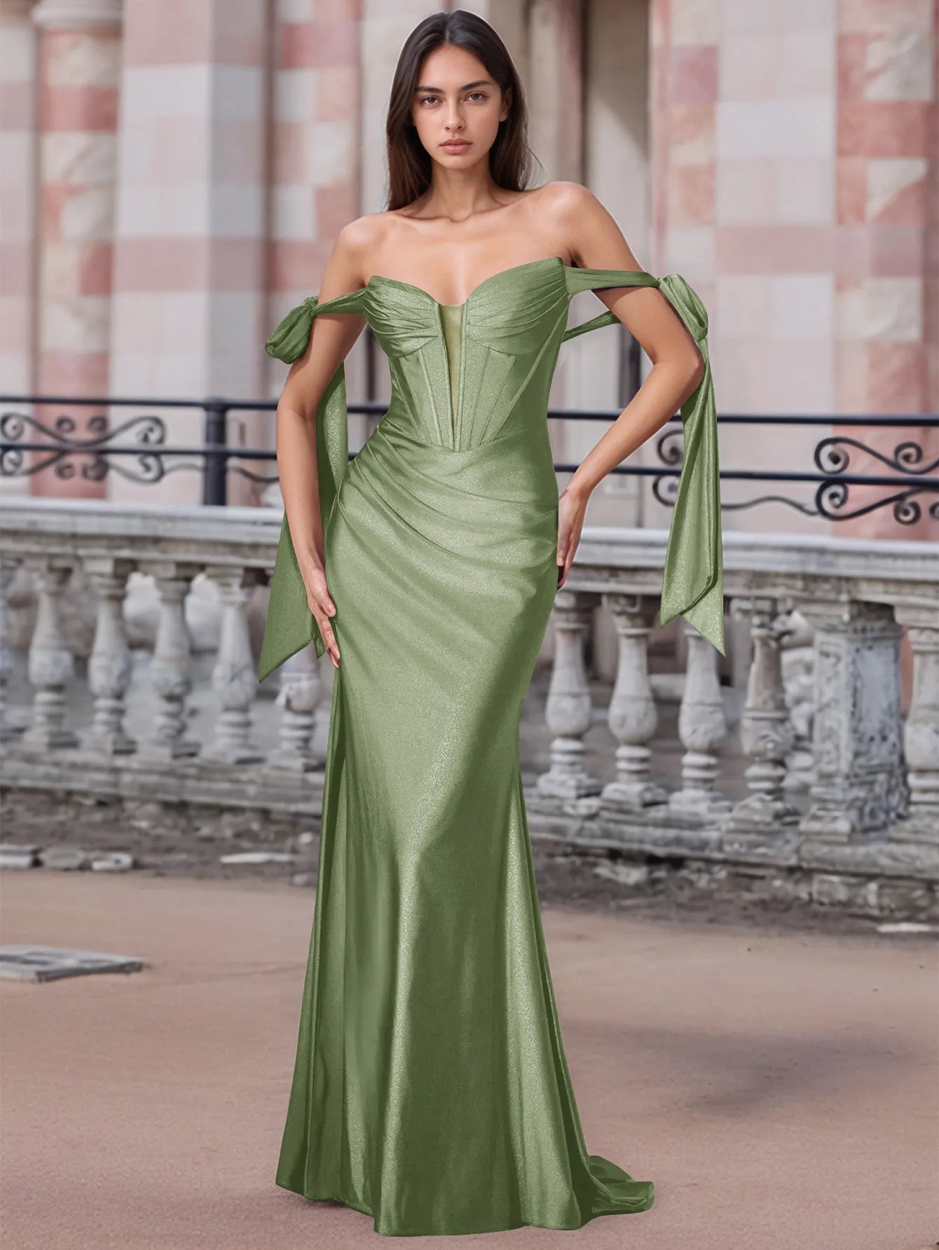 Off Shoulder Lace Up Bow Trumpet Prom Dress