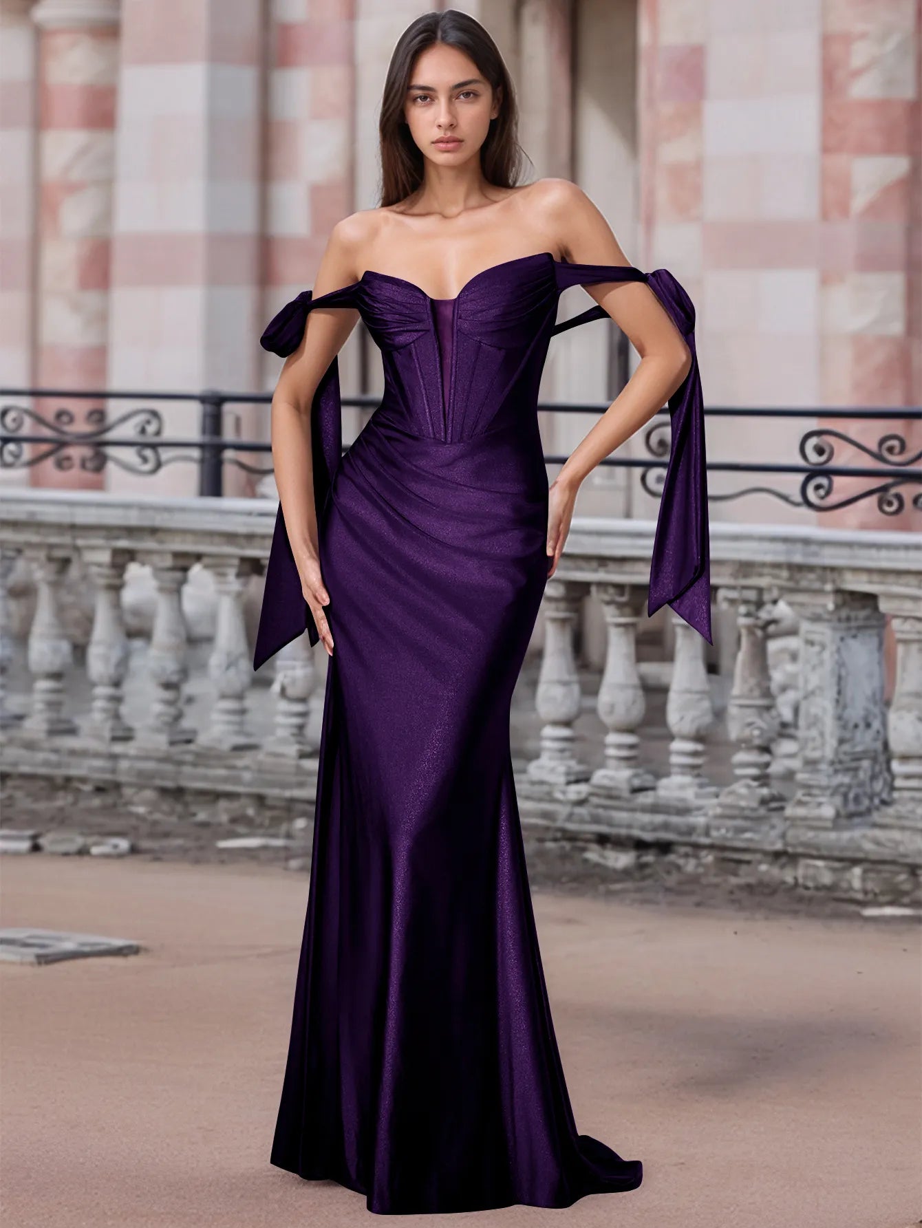 Off Shoulder Lace Up Bow Trumpet Prom Dress