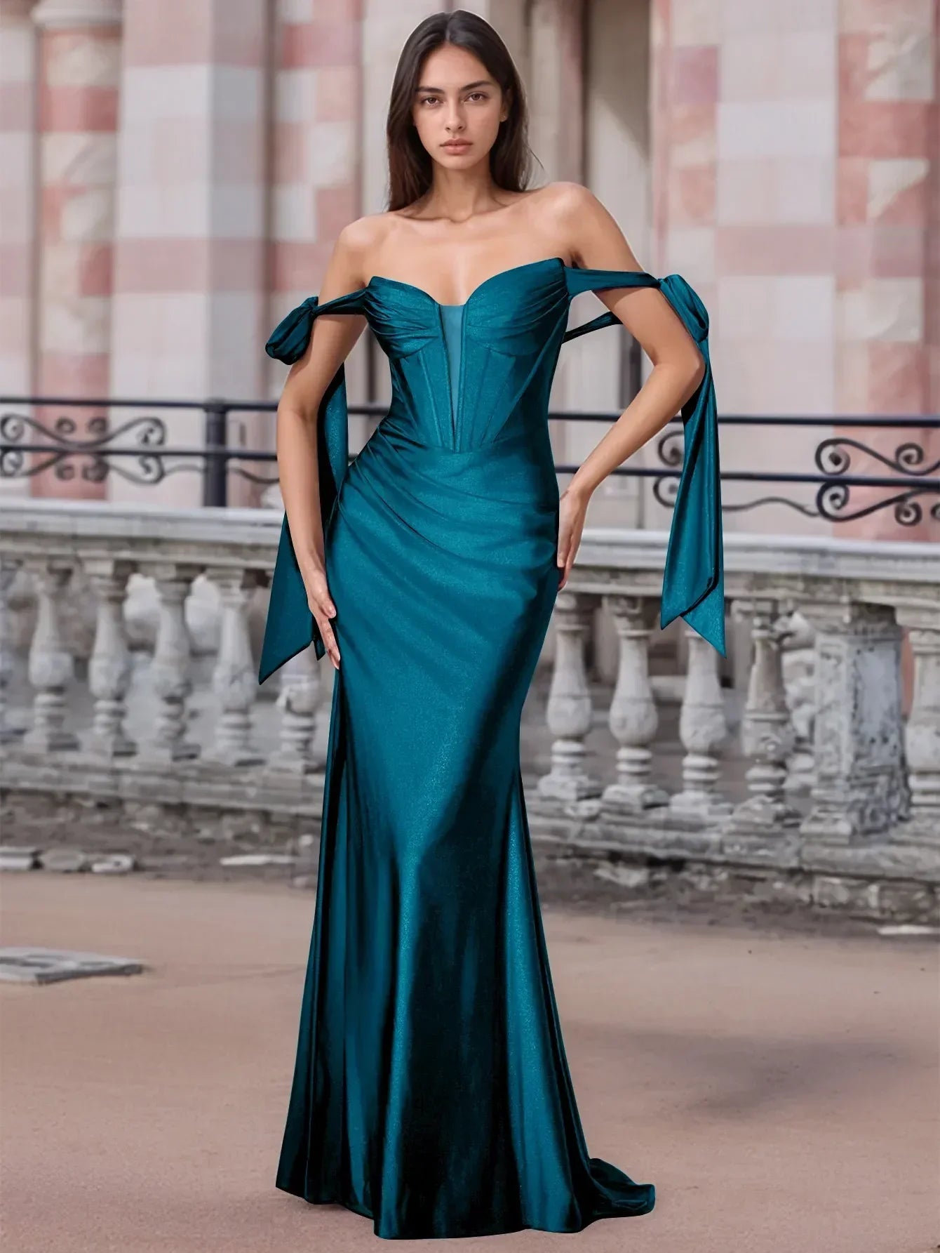 Off Shoulder Lace Up Bow Trumpet Prom Dress