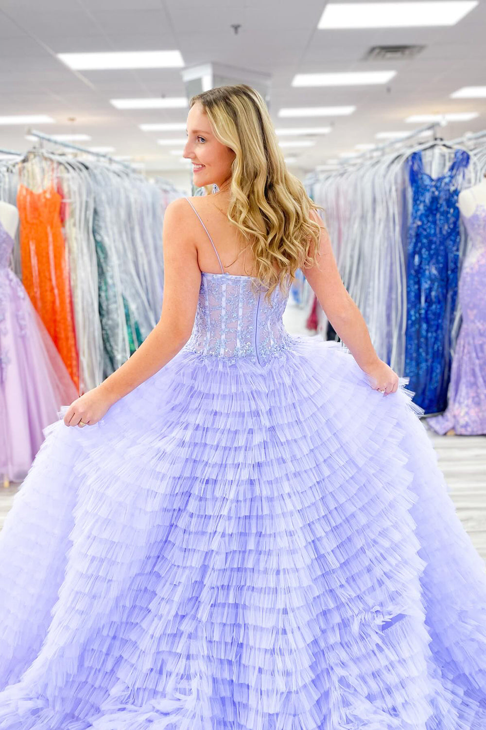 A Line Spaghetti Straps Tulle Tiered Long Corset Prom Dress