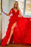Adjustable Straps A-Line Tulle Tiered Long Prom Dress with Slit