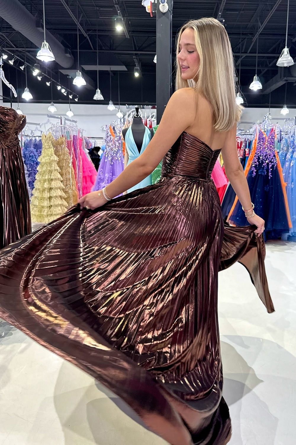 Purple Metallic Sweetheart A-Line Pleated Prom Dress with Slit