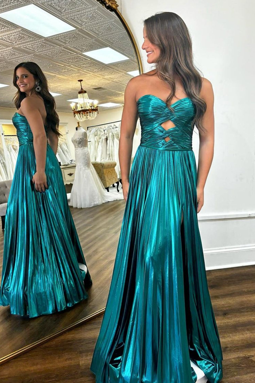 Purple Metallic Sweetheart A-Line Pleated Prom Dress with Slit