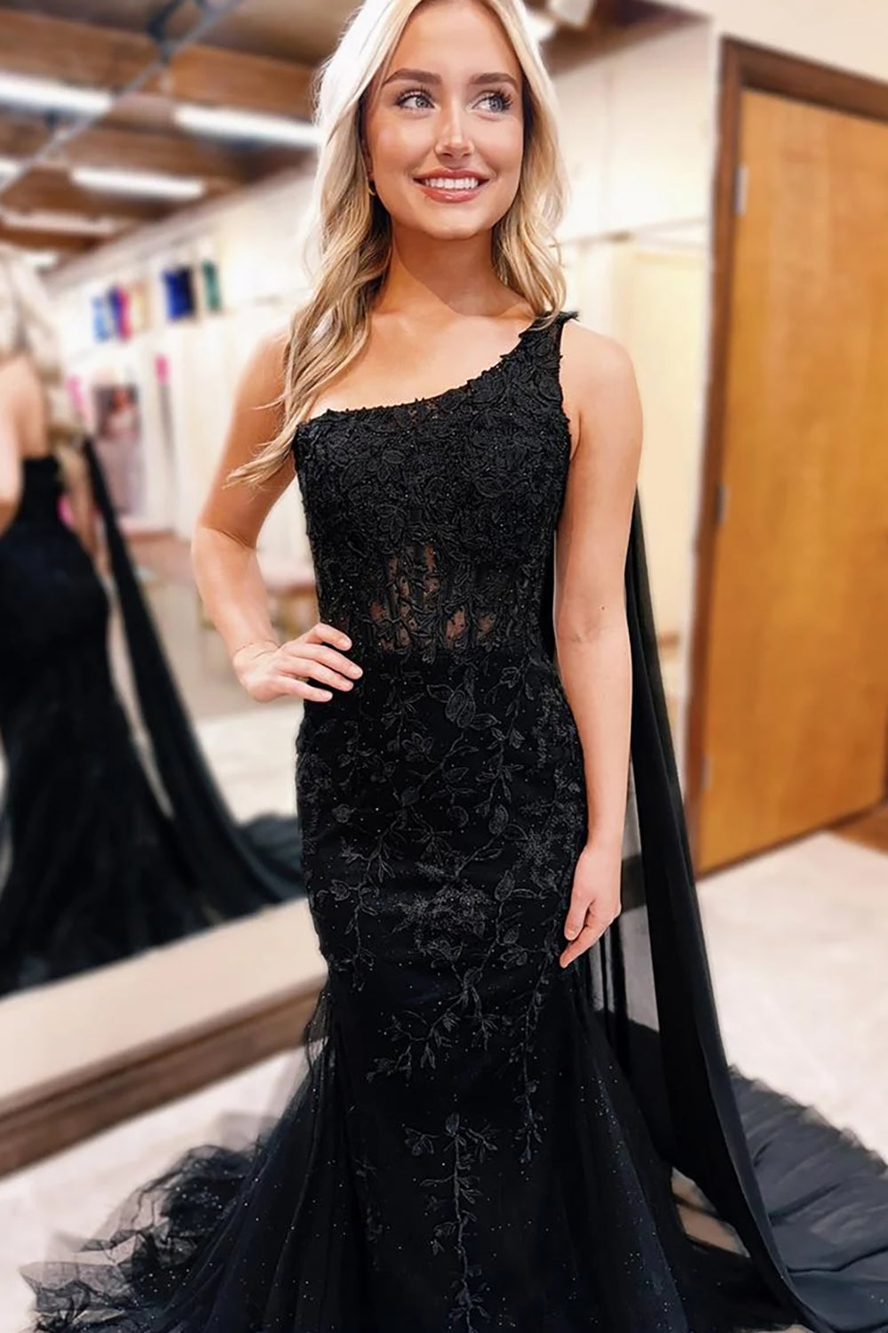 One Shoulder Cape Tulle Long Corset Prom Dress with Appliques