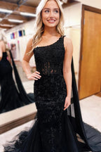 One Shoulder Cape Tulle Long Corset Prom Dress with Appliques