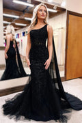 One Shoulder Cape Tulle Long Corset Prom Dress with Appliques