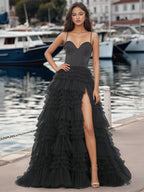 Bodice Spaghetti Strap Tulle Ruffle Prom Dress With Slit