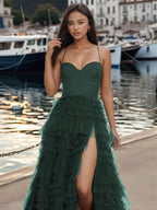 Bodice Spaghetti Strap Tulle Ruffle Prom Dress With Slit