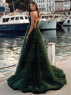 Bodice Spaghetti Strap Tulle Ruffle Prom Dress With Slit